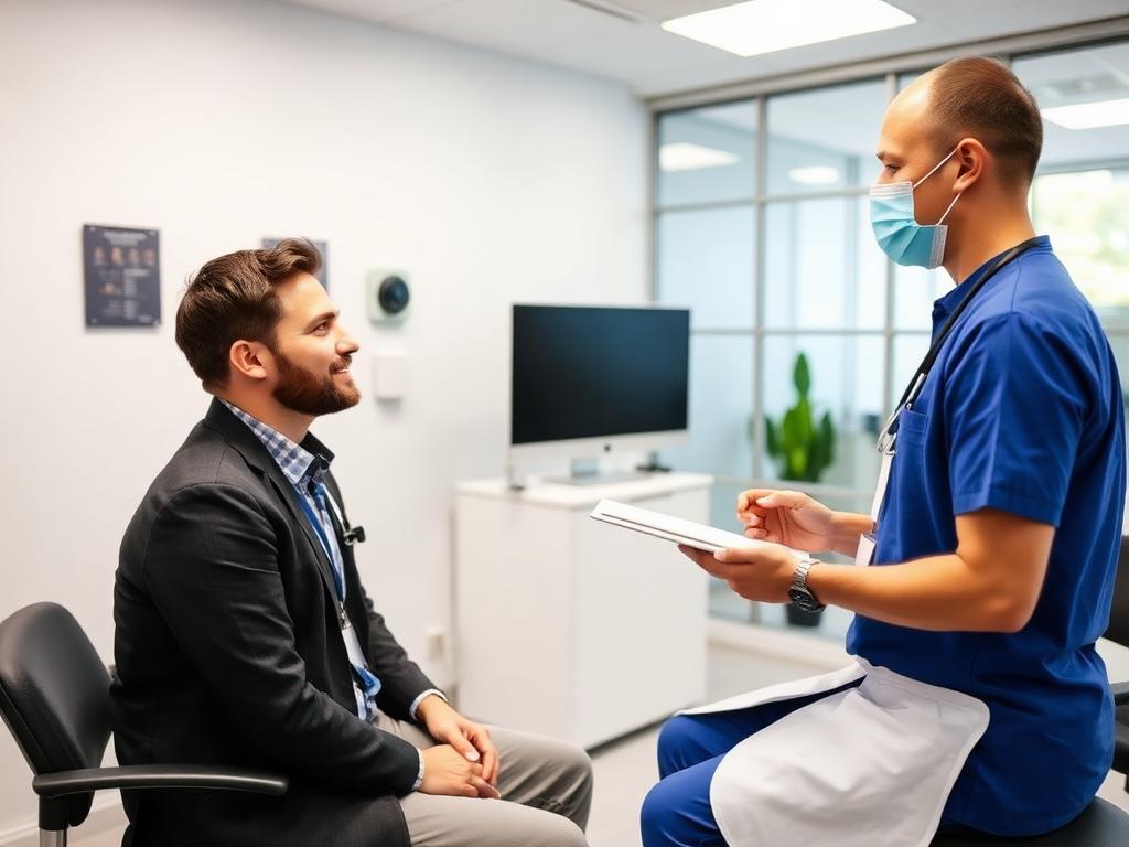 Profissional de saúde atendendo um trabalhador em consulta ocupacional
